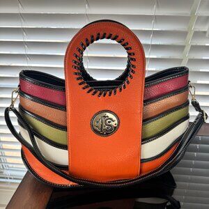 Eye Popping Multicolor Leather Handbag, multiple compartments & crossbody strap